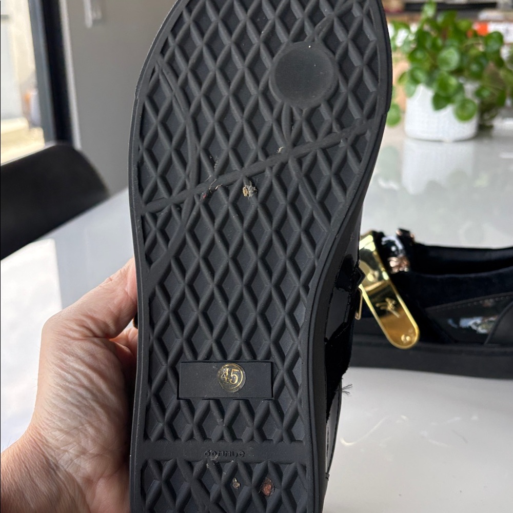 Giuseppe Zanotti Black Leather and Velvet Sneakers with Gold Accents - Picture 6 of 6